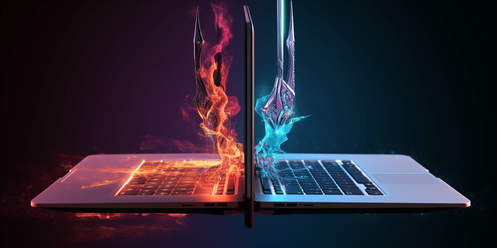 Two laptops with matching swords, one symbolizing good and the other symbolizing cyber risk